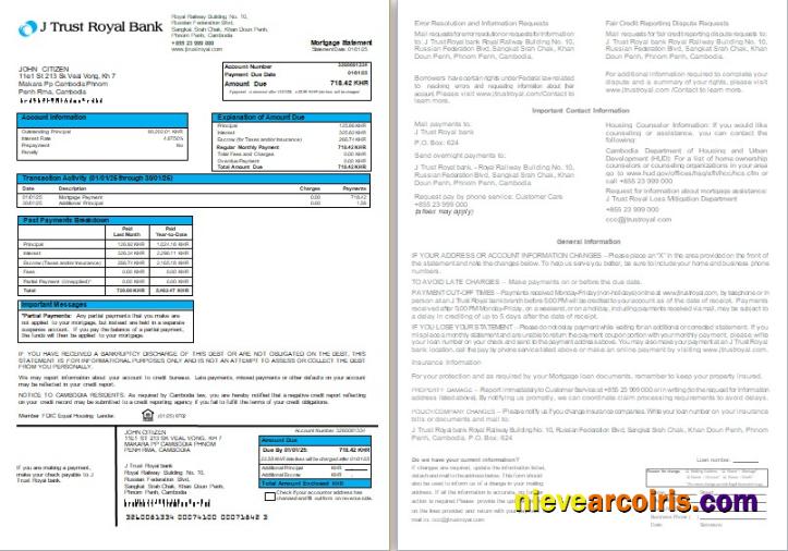 Cambodia J Trust Royal bank mortgage statement, 2 pages, 1-2
